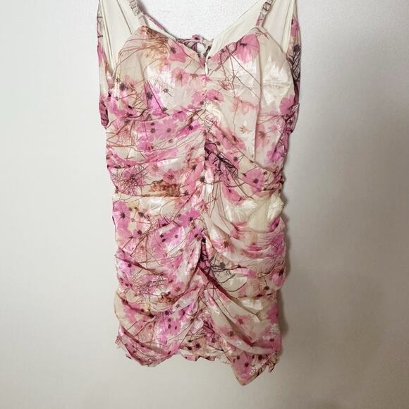 Fanco Pink Floral Ruched Mini Dress Small Ruffle Tie Front Cottagecore Fairy - Picture 9 of 12